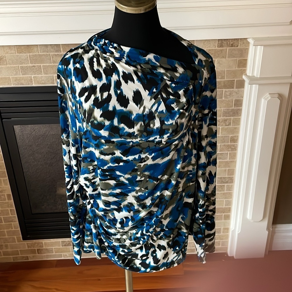 NWT Halston Stylish Blue Patterned Women's Top size L